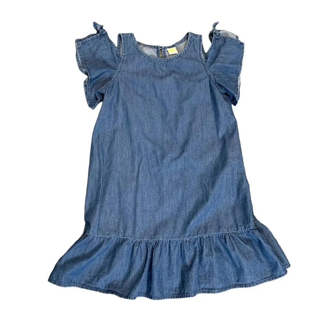 Crazy 8 Girls Chambray Denim Ruffled Aline Dress Cold Shoulder SZ 10 Cotton Blue
